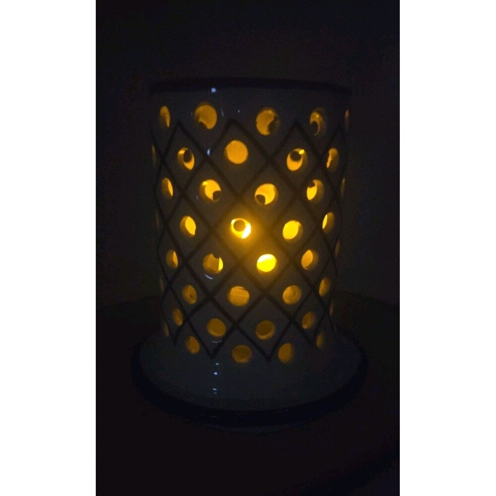 Blue & White Luminary Fairy Light Candle Holder Portugal 6.5" Ceramic